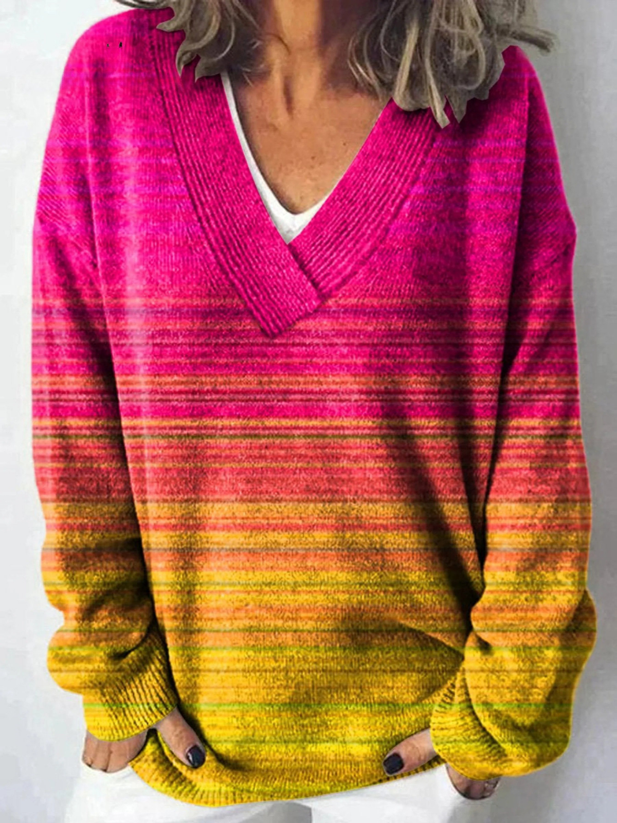 Colourful Ombre Art Printed Knit V-Neck Pullover Sweater