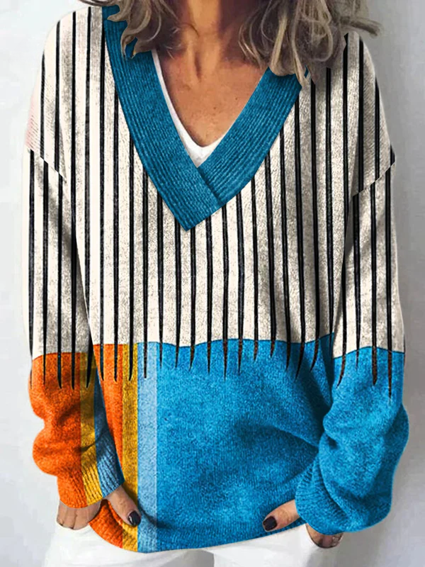 Minimalist Abstract Geometry Art Print Knit V-neck Pullover Sweater