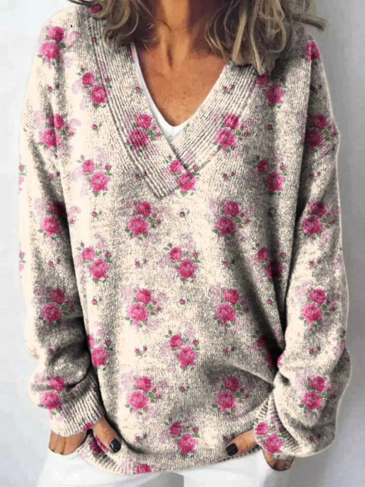 Watercolour French Rose Repeat Pattern Printed Knit V-neck Pullover Sweater