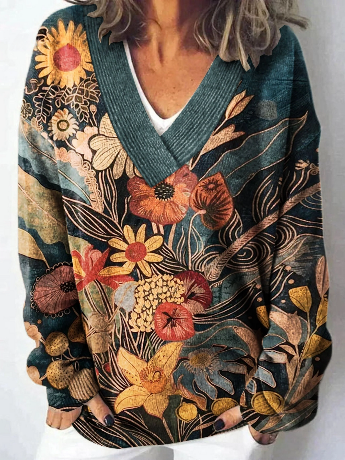 Vintage Floral Art Print Knit V-neck Pullover Sweater