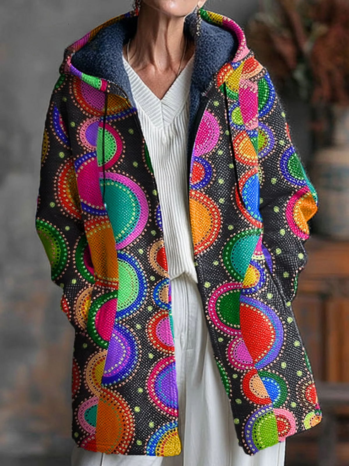 Abstract Colourful Semicircle Painting Art Print Unisex Plush Thick Long-Sleeved Sweater Cardigan Coat