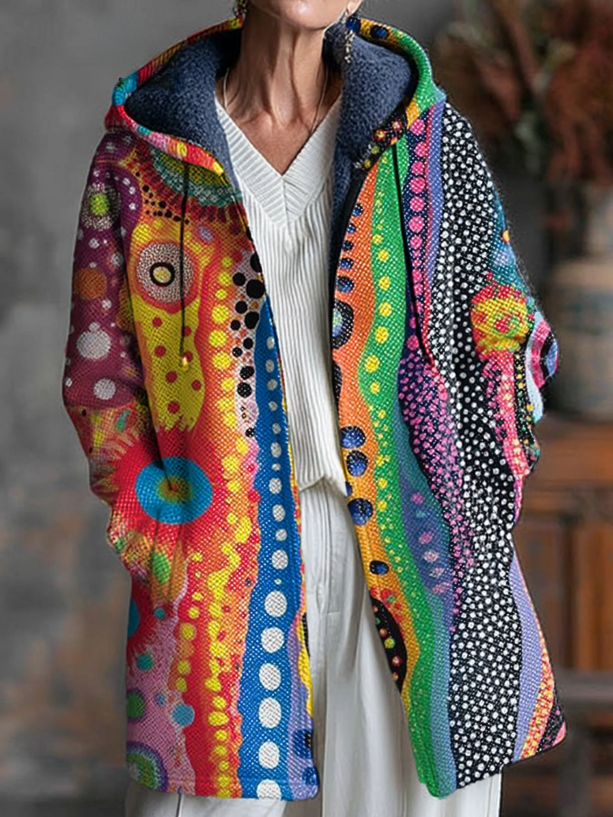 Abstract Colourful Stripes Polka Dot Painting Art Print Unisex Plush Thick Long-Sleeved Sweater Cardigan Coat