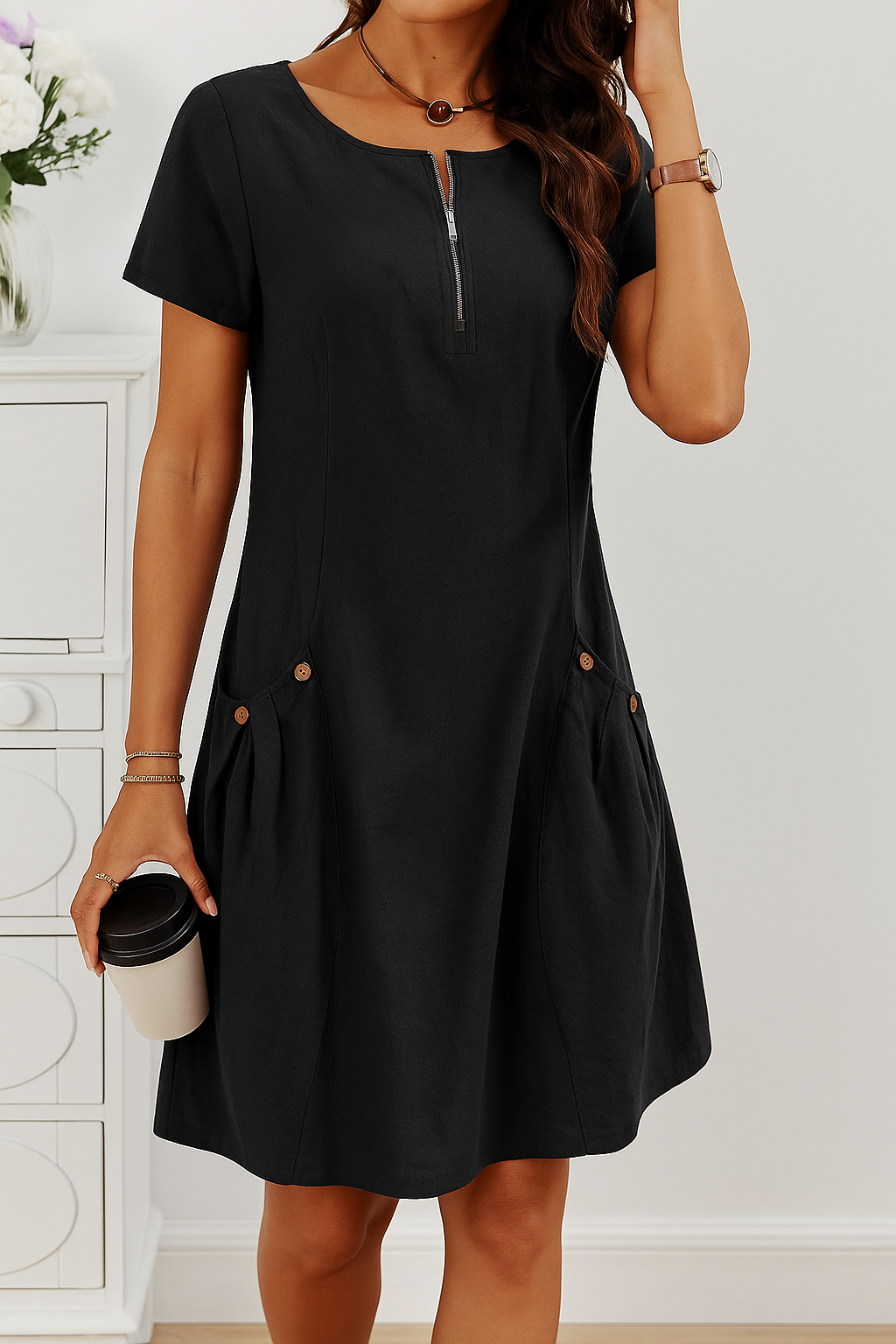 Delia - The Delia Zip-Front Cotton Dress With Pockets