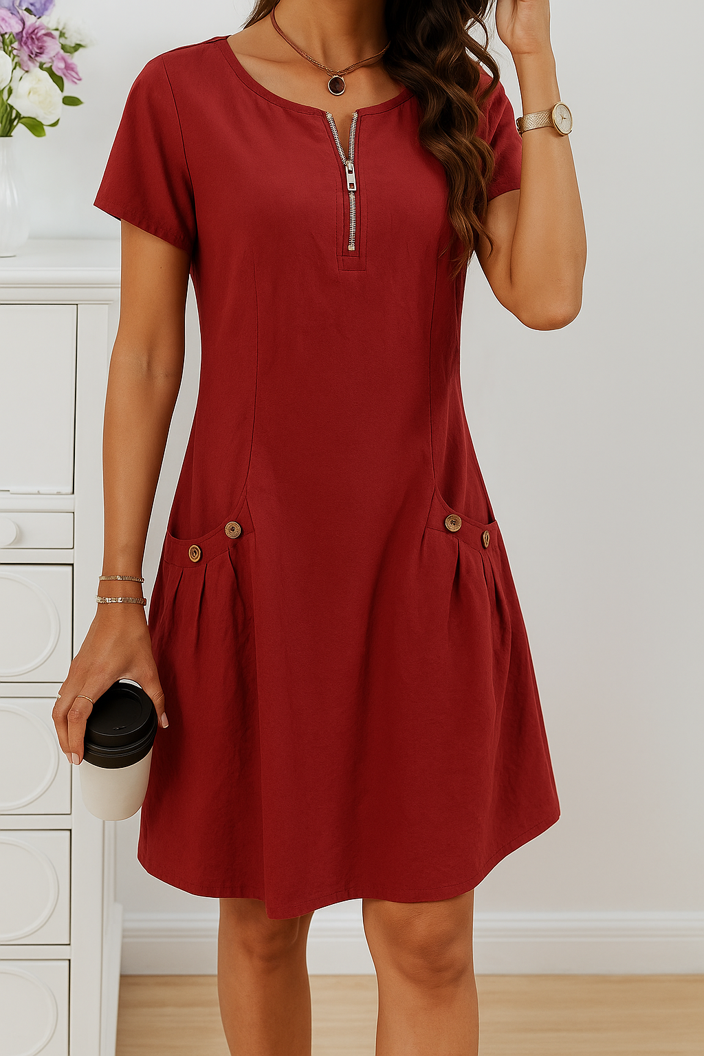 Delia - The Delia Zip-Front Cotton Dress With Pockets