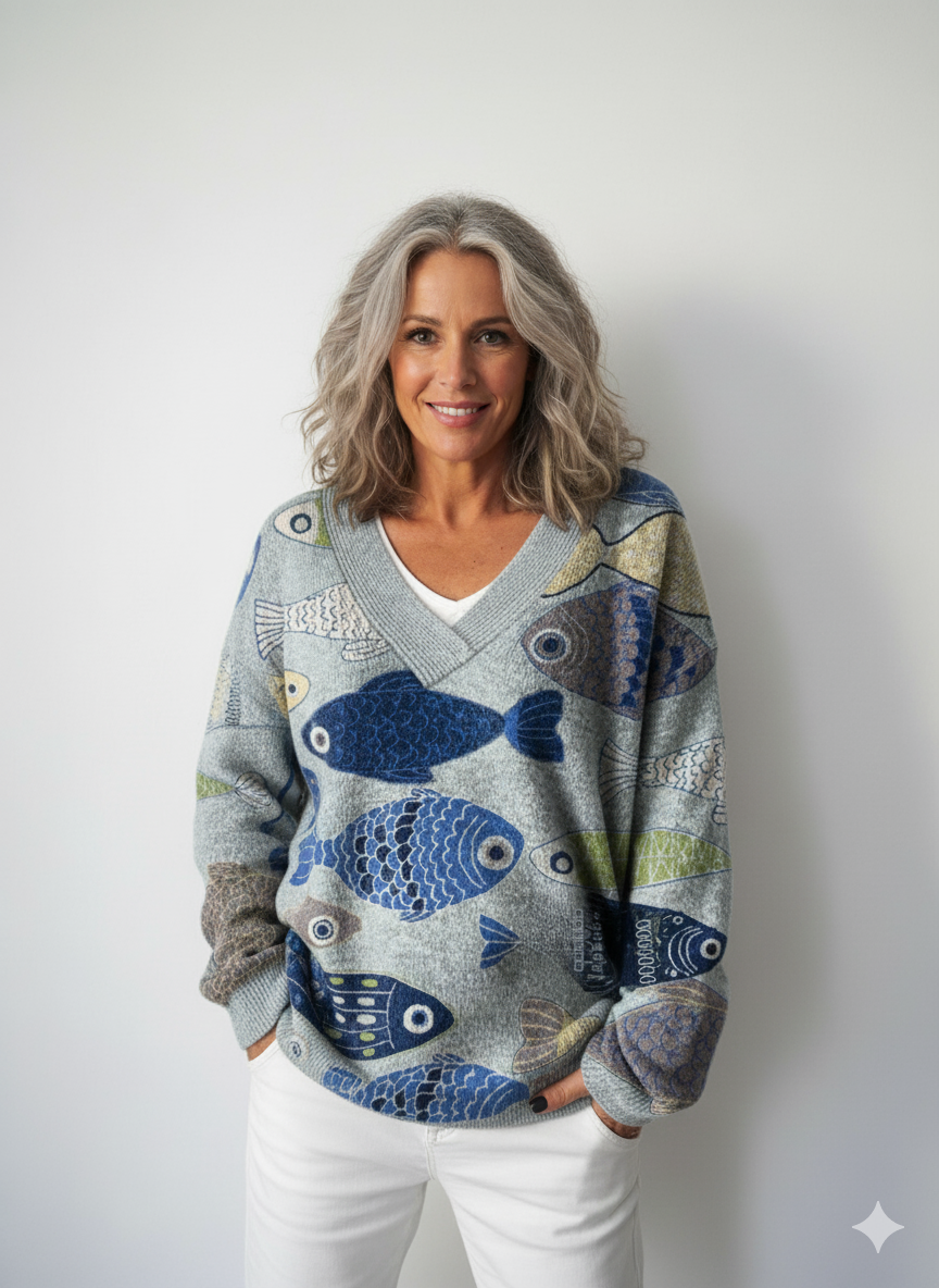 Lovely Fish Art Print Knit V-neck Pullover Sweater