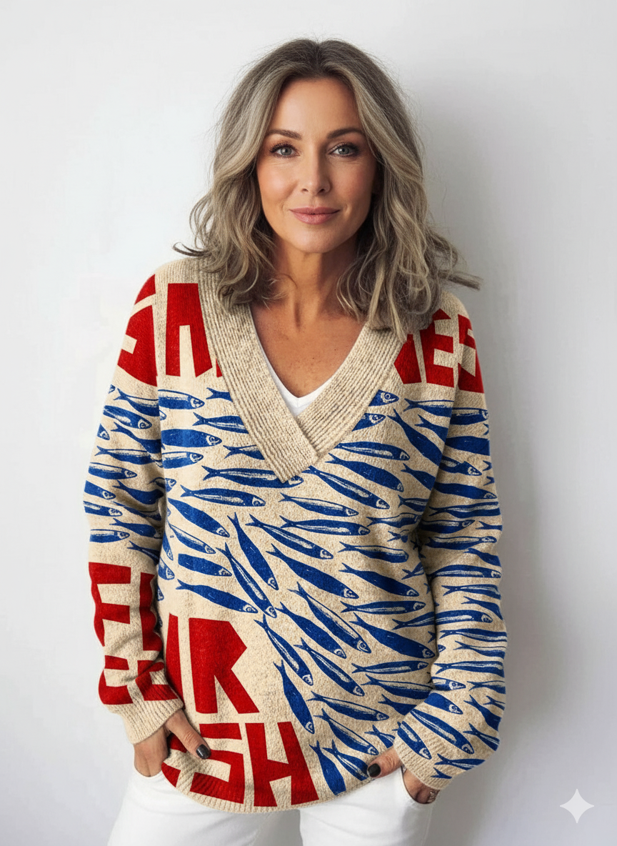 Vintage Fish Sardines Art Print Knit V-neck Pullover Sweater