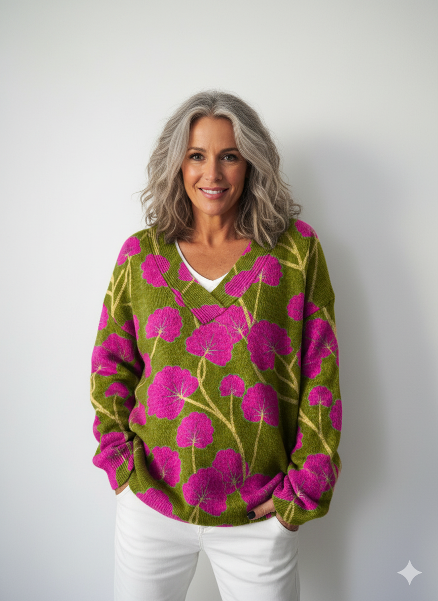 Vintage Flower Art Print Knit V-neck Pullover Sweater