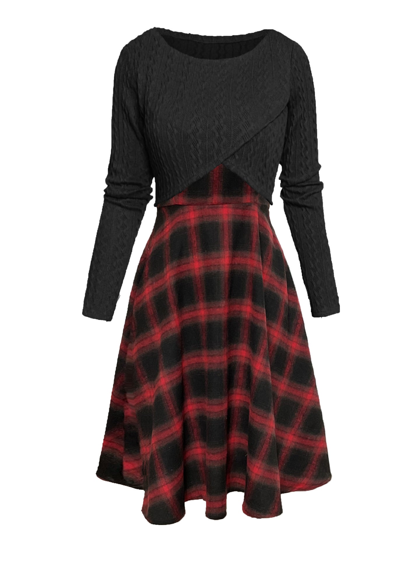 JORY™ - Vintage Round Neck Long Sleeve Crop Top and Plaid Dress