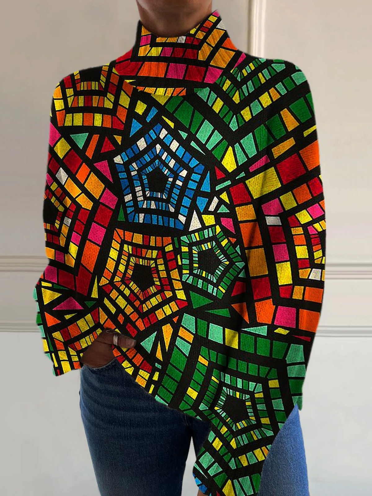 Karla | Retro colourful geometric art print turtleneck sweater