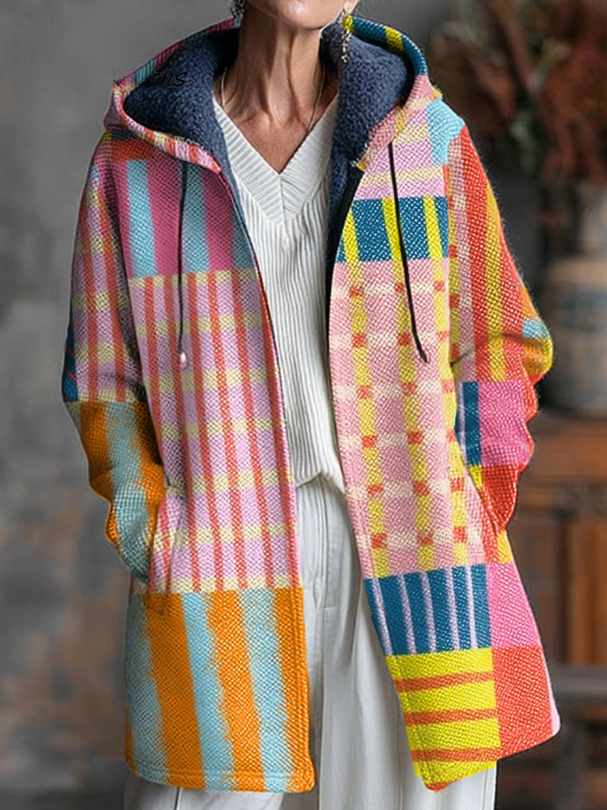 Beautiful Colourful Striped Painting Art Print Unisex Plush Thick Long-Sleeved Sweater Cardigan Coat