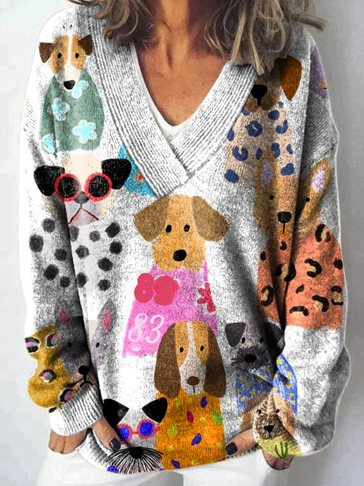 Multi-coloured Cartoon Dog Print Knit V-neck Pullover Sweater