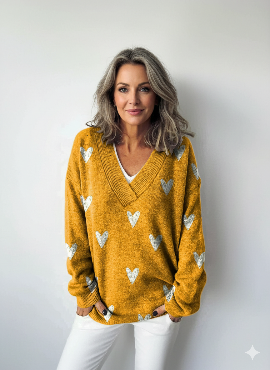 Lovely Hearts Repeat Pattern Printed Knit V-Neck Pullover Sweater