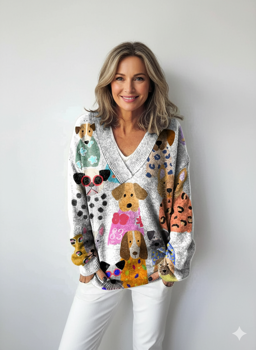 Multi-coloured Cartoon Dog Print Knit V-neck Pullover Sweater