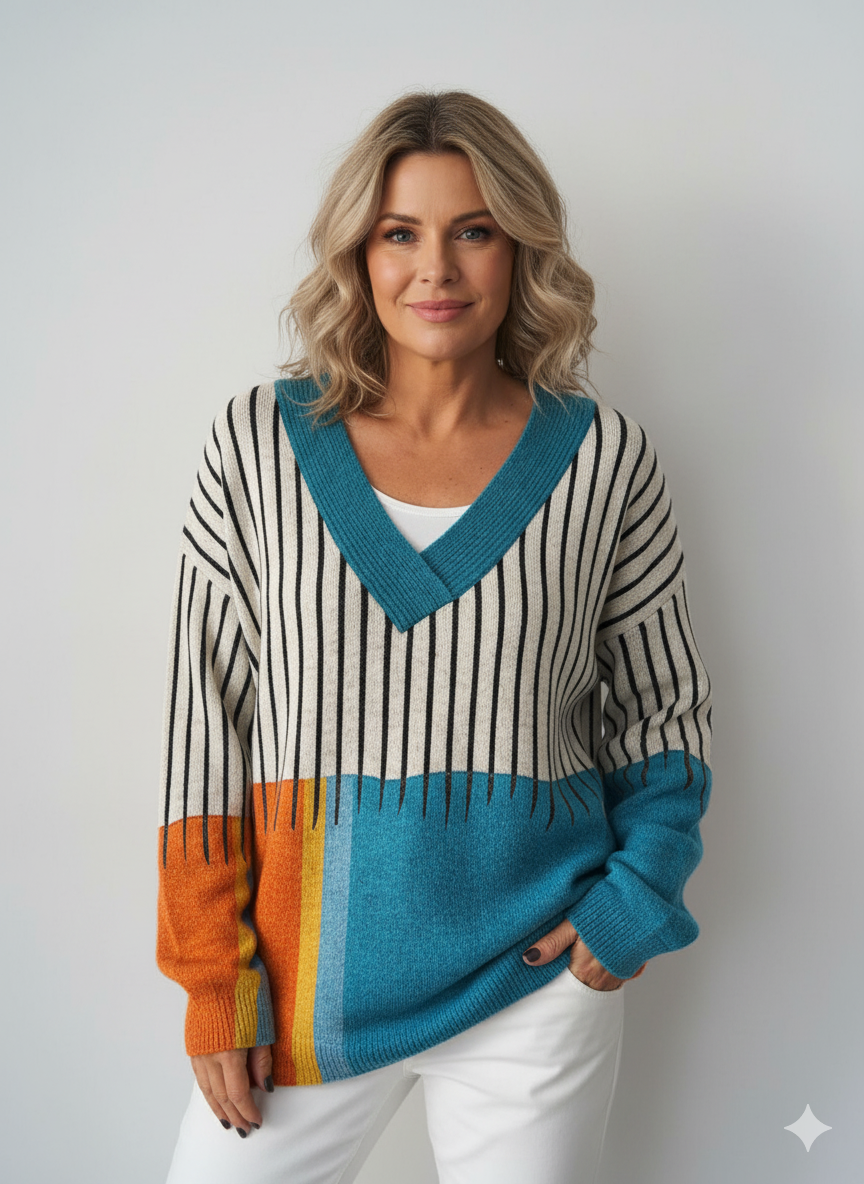 Minimalist Abstract Geometry Art Print Knit V-neck Pullover Sweater