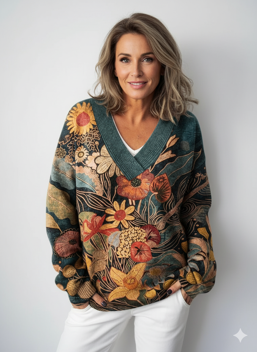 Vintage Floral Art Print Knit V-neck Pullover Sweater