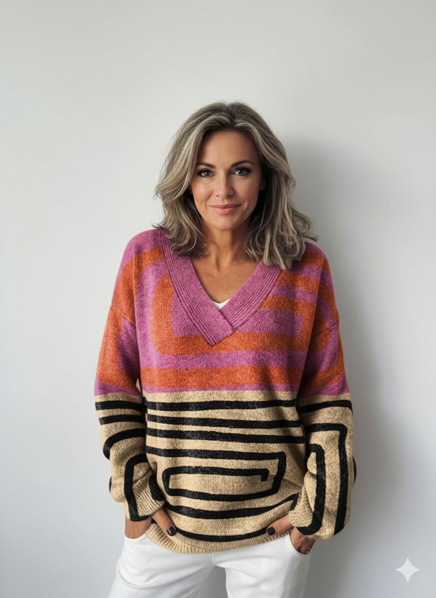 Colour-blocked Abstract Graphics Print Knit V-neck Pullover Sweater