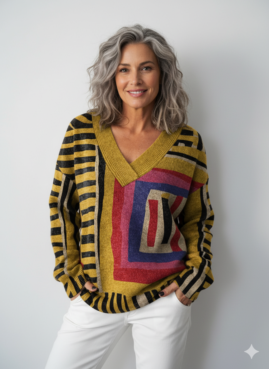 Yellow Colour-block Abstract Figure Print Knit V-neck Pullover Sweater