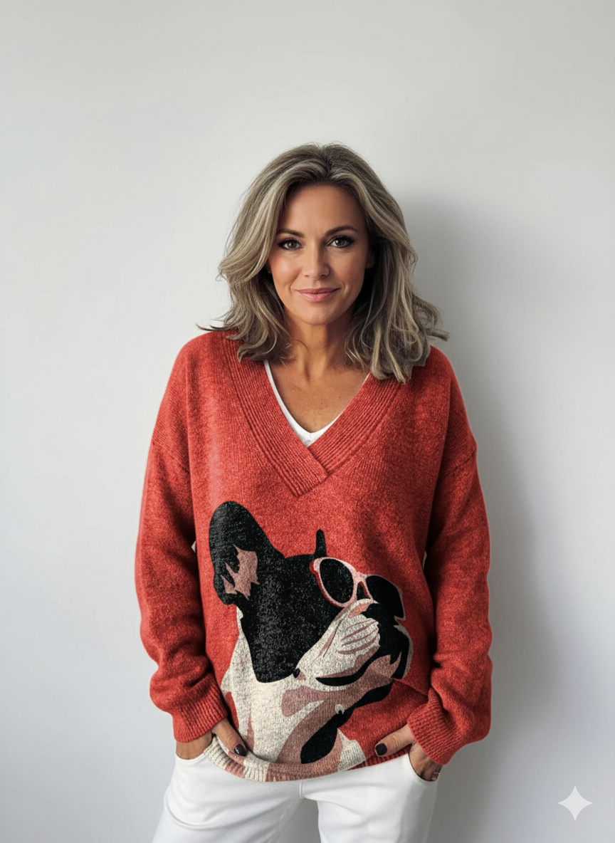 Decorative Pattern of French Bulldog Wearing Sunglasses on Red Background Knit V-neck Pullover Sweater