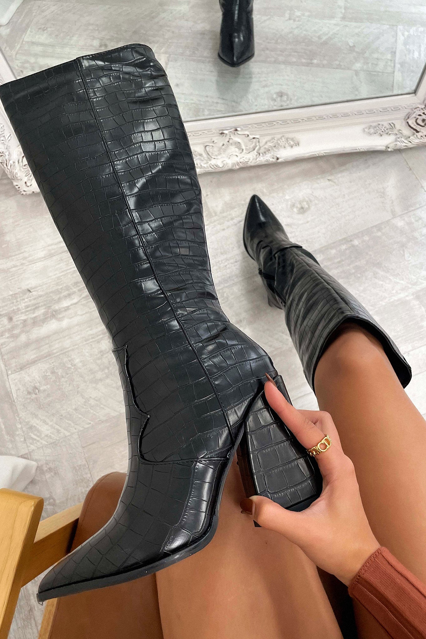 Mila™ Black Croc Knee-High Boots